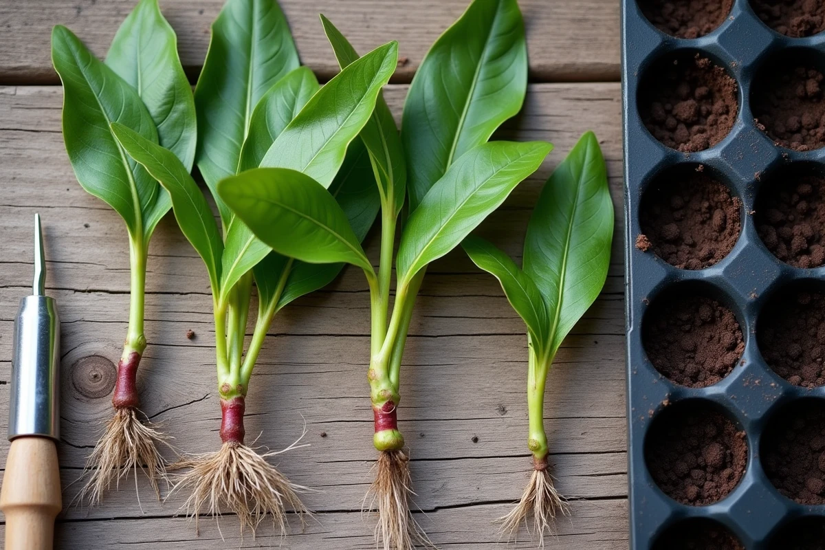 Vue de dessus de boutures de chèvrefeuille préparées avec hormone de bouturage et plateaux de multiplication sur table de jardin