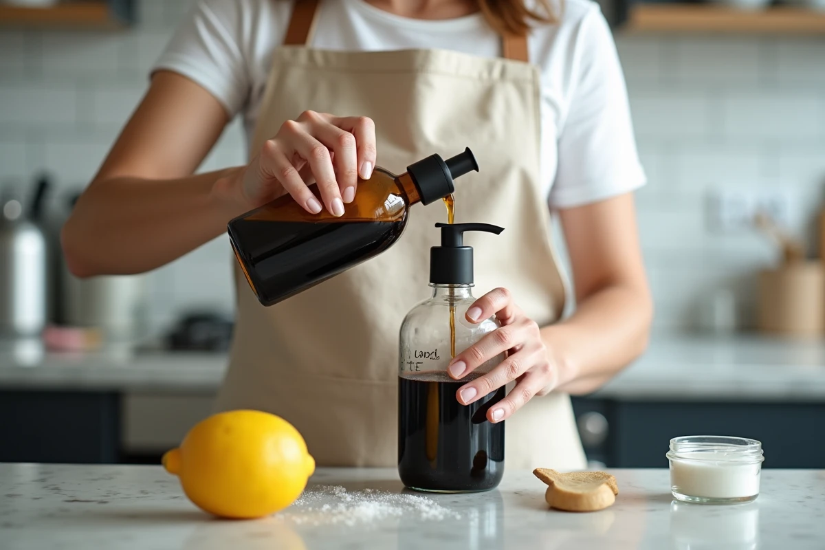 Femme préparant un spray maison à base de savon noir et bicarbonate pour éloigner les fourmis, dans une cuisine moderne
