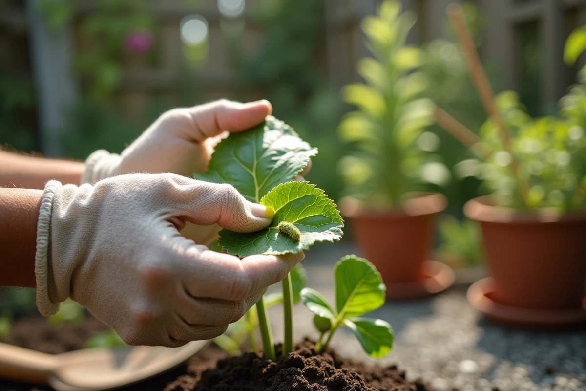 Jardinière inspectant une feuille pour détecter des chenilles vertes, geste de prévention au jardin
