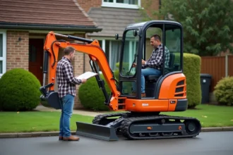 Particulier debout à côté d'une mini pelle en location, consultant un devis de tarif sur un chantier résidentiel