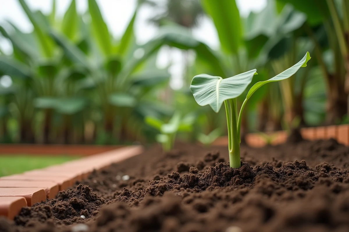 Gros plan d'un rejet de bananier sortant d'une terre meuble dans un jardin potager aménagé