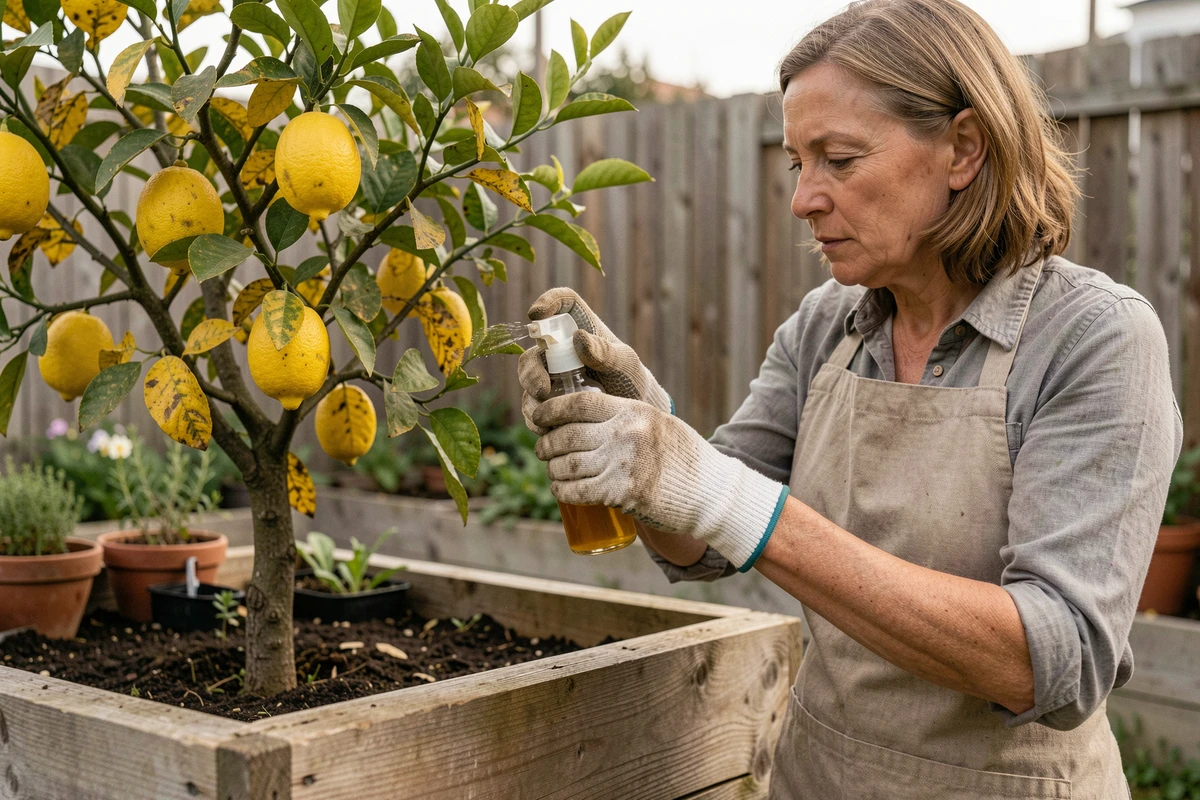 Femme jardinière appliquant un remède naturel sur les feuilles jaunes d'un citronnier bio dans un potager surélevé