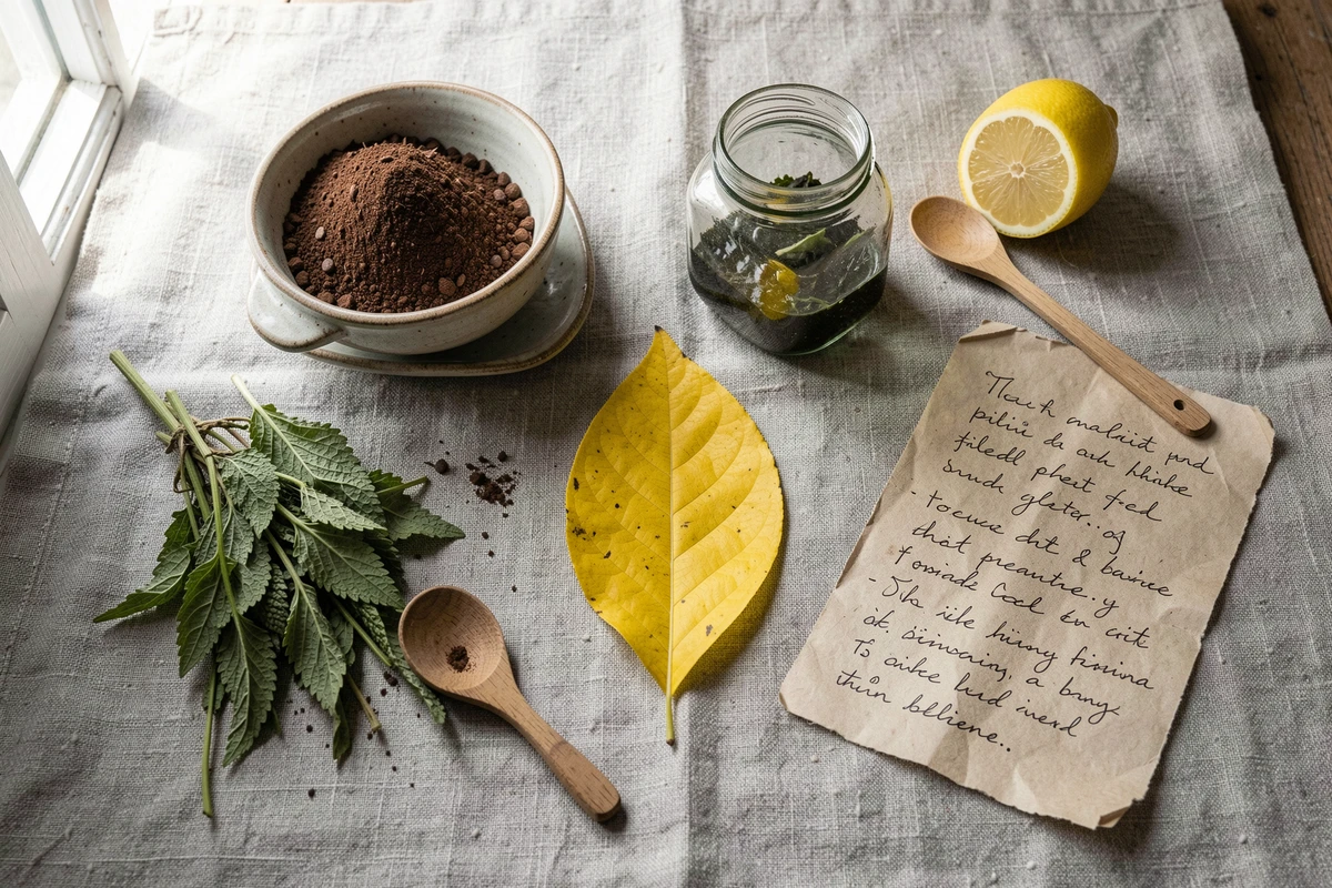 Remèdes naturels pour traiter les feuilles jaunes du citronnier bio disposés en flat lay sur une table en lin rustique