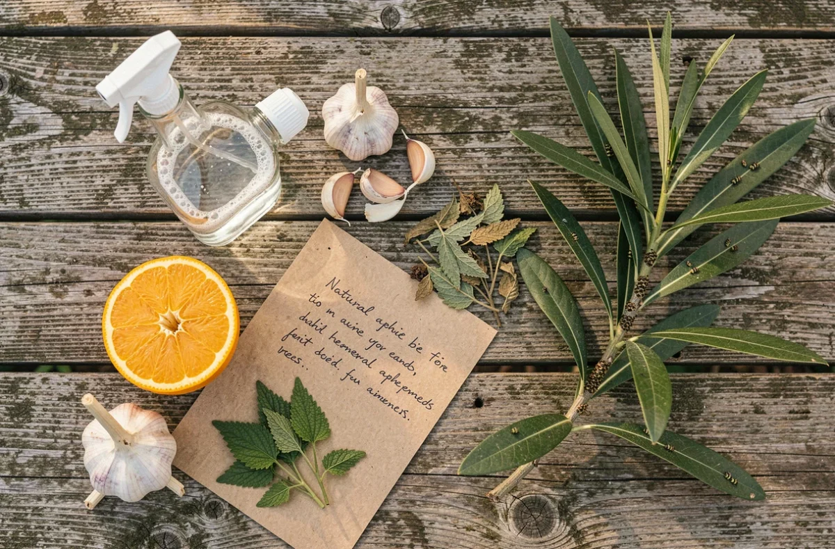 Remèdes naturels contre les pucerons du laurier rose disposés sur une table en bois : savon noir, ail, orties et pulvérisateur