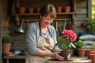 Femme rempotant un azalée en fleurs sur un établi de jardinage en bois, avec des pots en terre cuite en arrière-plan