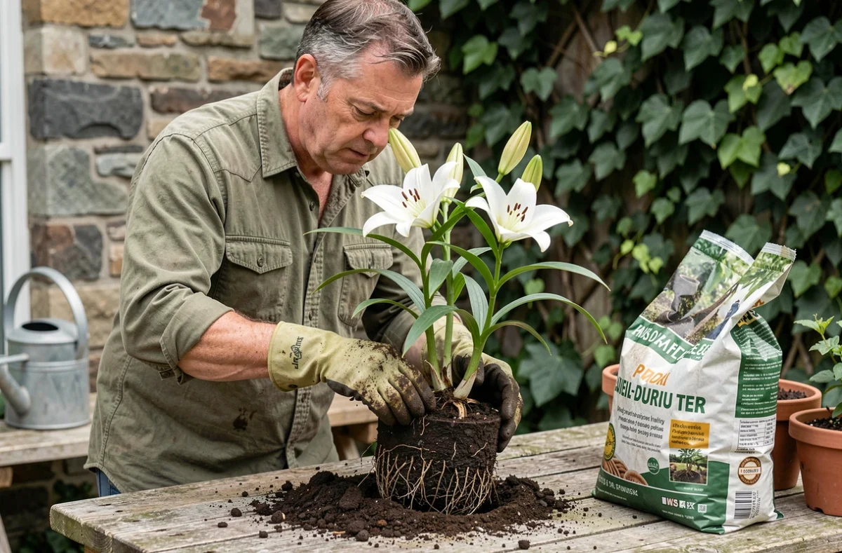 Jardinier rempotant un lys pour traiter la pourriture des racines et améliorer le drainage