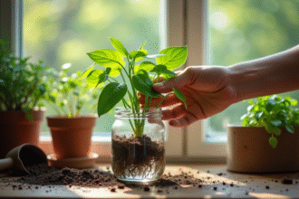 Mains plantant un pothos dans un bocal d'eau sur une fenêtre ensoleillée