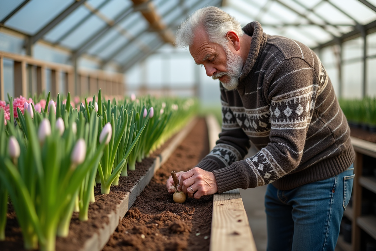 Homme âgé replantant des bulbes d hyacinthes en serre