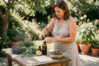 Femme préparant un répulsif anti-taons fait maison avec des huiles essentielles et des plantes naturelles sur une terrasse en pierre