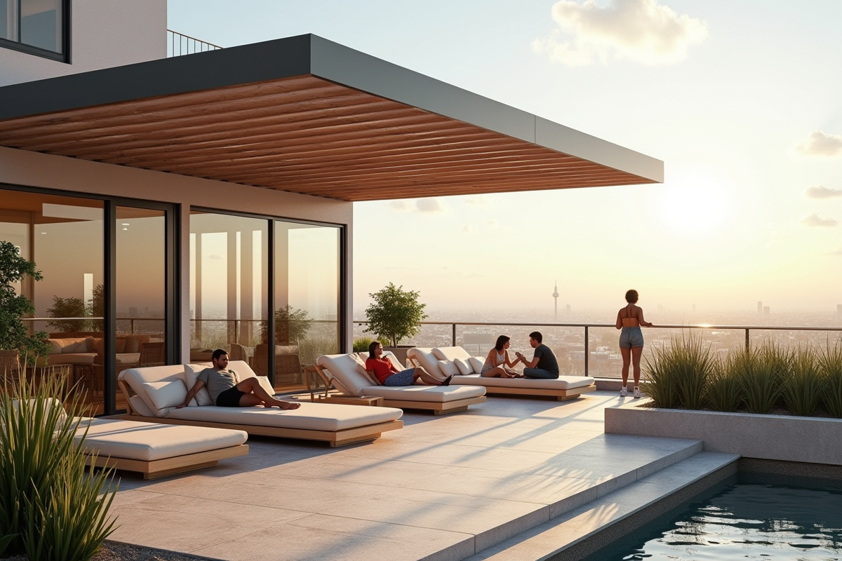 Terrasse sur le toit avec pergola et vue urbaine