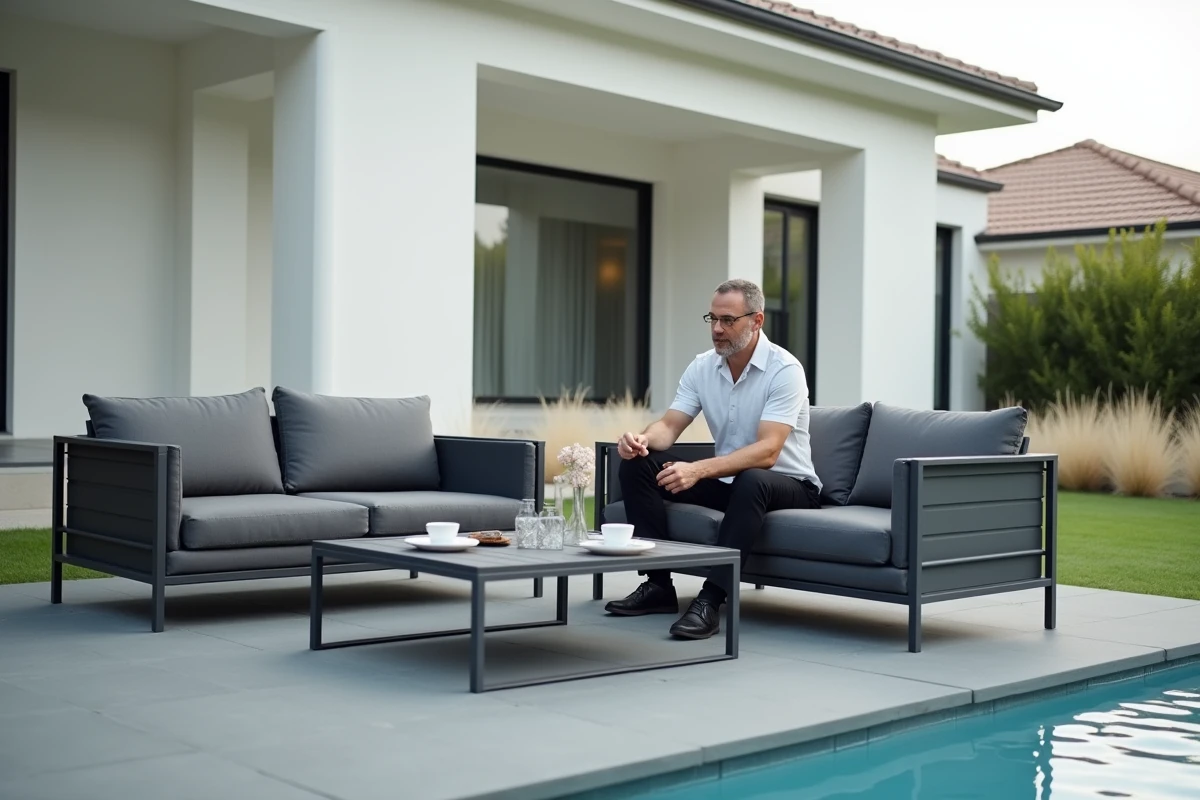 Salon de jardin en aluminium anthracite avec canapés et table basse au bord d'une piscine contemporaine