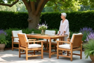 Salon de jardin en bois teck avec table et fauteuils sur une terrasse en pierre naturelle entourée de verdure