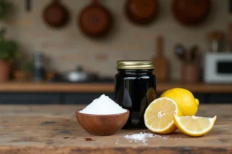 Savon noir, bicarbonate de soude et citron posés sur un plan de travail en bois rustique, ingrédients naturels pour répulsif fourmis maison