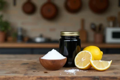 Savon noir, bicarbonate de soude et citron posés sur un plan de travail en bois rustique, ingrédients naturels pour répulsif fourmis maison