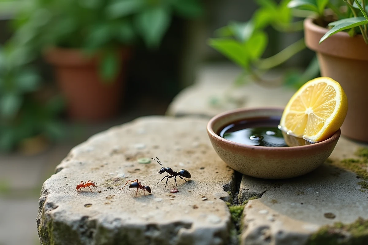 Bol de solution savon noir et citron posé près d'une piste de fourmis sur une marche de terrasse en pierre, remède naturel anti-fourmis au jardin