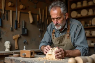 Sculpteur sur bois en atelier taillant un visage réaliste dans un bloc de tilleul avec des gouges professionnelles