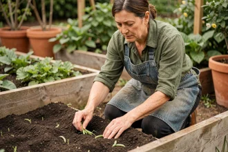 Femme semant des haricots verts dans un potager en suivant le calendrier lunaire au printemps