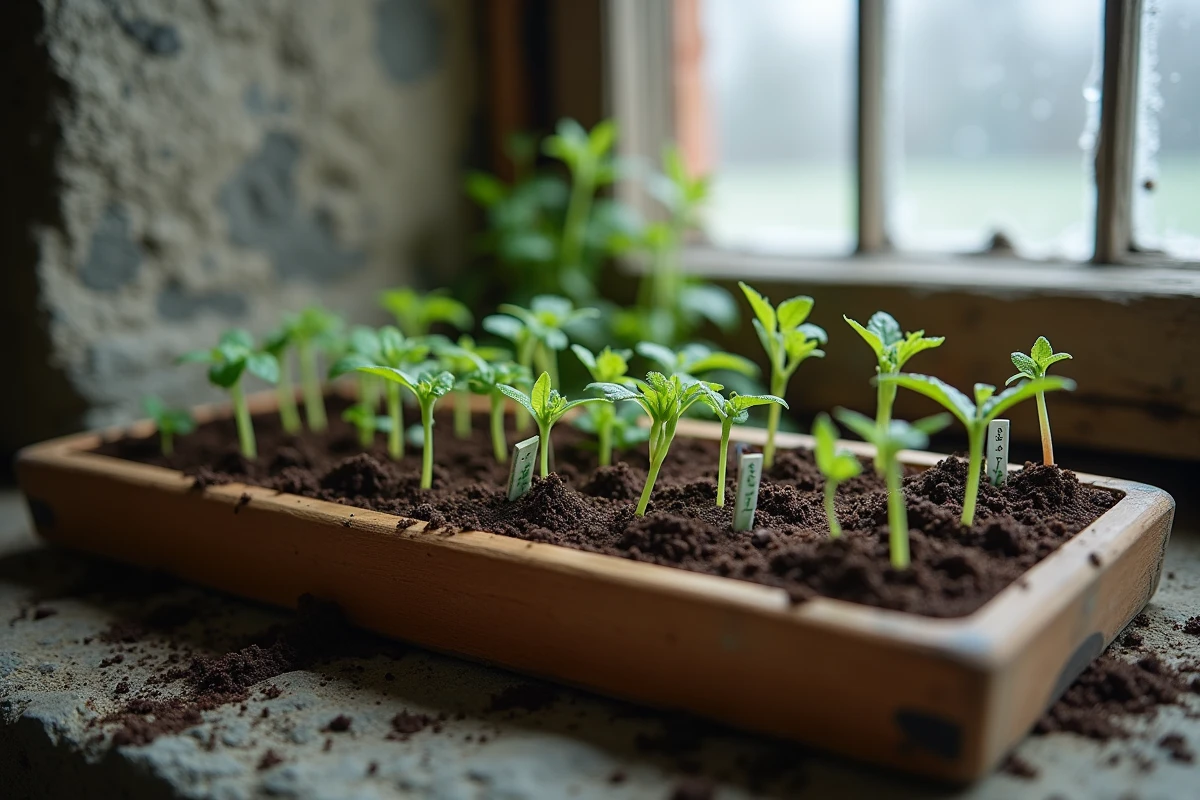 Semis de tomates en plateau de bois sur un rebord de fenêtre en pierre au début du printemps