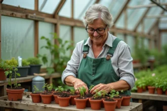 Femme qui repique des semis de tomates en serre au printemps dans des pots en terre cuite