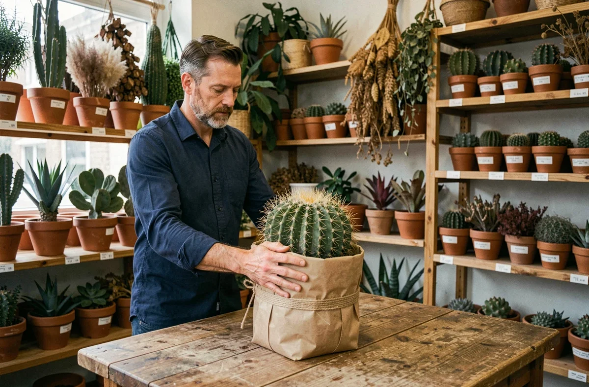 Homme déposant un cactus emballé dans du papier kraft sur une table en bois dans une boutique de plantes, cadeau symbolique