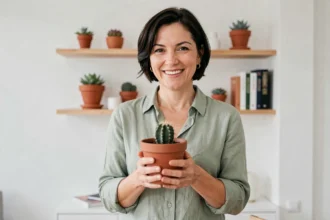 Femme offrant un cactus en pot à quelqu'un, symbolisant un cadeau végétal chargé de sens