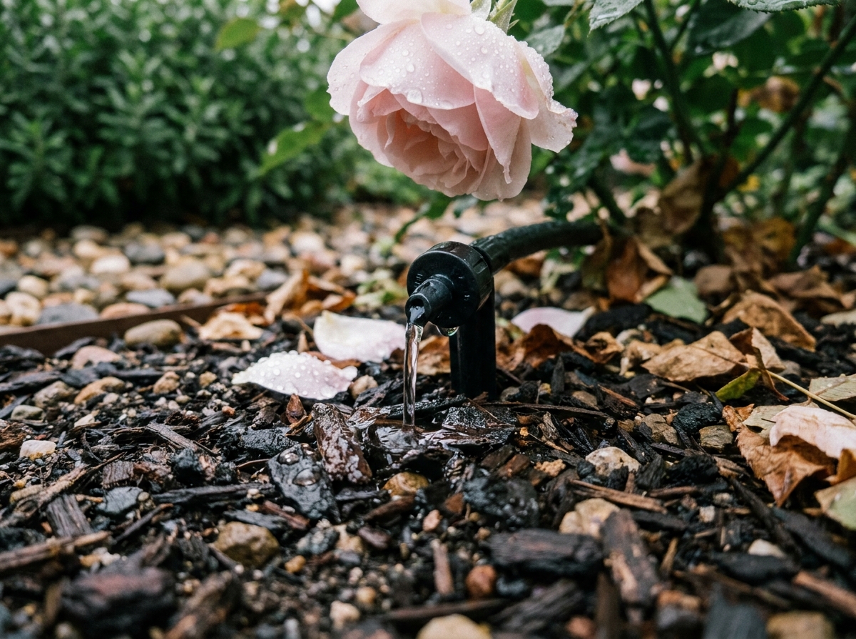 Système de goutte-à-goutte arrosant la base d'un rosier avec des gouttes d'eau sur le sol paillé
