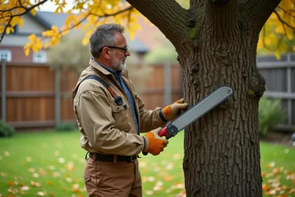 Homme taillant un grand arbre dans un jardin calme