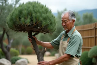 Jardinier taillant un olivier en nuage dans un jardin zen avec galets et graviers ratissés