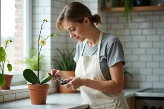 Femme taillant une orchidée en fin de floraison avec un sécateur propre dans une cuisine moderne
