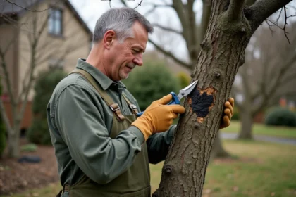 Jardinier taillant une branche de platane atteinte par la maladie du chancre coloré au sécateur dans un jardin résidentiel