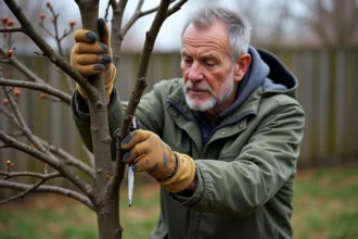 Jardinier expérimenté taillant un prunus cerisier au sécateur au printemps dans un jardin résidentiel