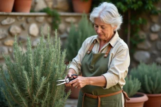 Femme taillant un plant de romarin mature dans un jardin méditerranéen avec un sécateur, plant dense aux tiges ligneuses et feuillage argenté