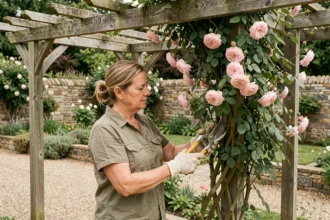 Femme taillant un rosier grimpant sur une pergola en bois avec un sécateur, effet cascade de fleurs roses