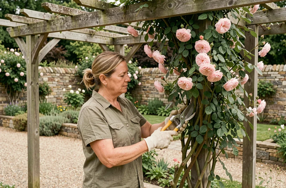 Femme taillant un rosier grimpant sur une pergola en bois avec un sécateur, effet cascade de fleurs roses