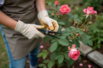 Femme taillant un rosier remontant avec un sécateur, gros plan sur la coupe au-dessus d'un nœud à cinq folioles dans un jardin fleuri