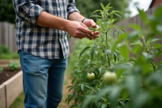Homme en plaid pinçant une pousse de tomate dans le jardin