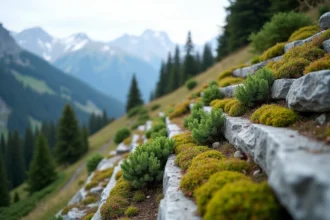 Talus montagneux planté de sedums, genévriers rampants et thym alpin avec vue sur des sommets enneigés en arrière-plan