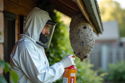 Technicien en tenue de protection intégrale s'apprêtant à traiter un nid de frelons asiatiques sous une corniche de maison