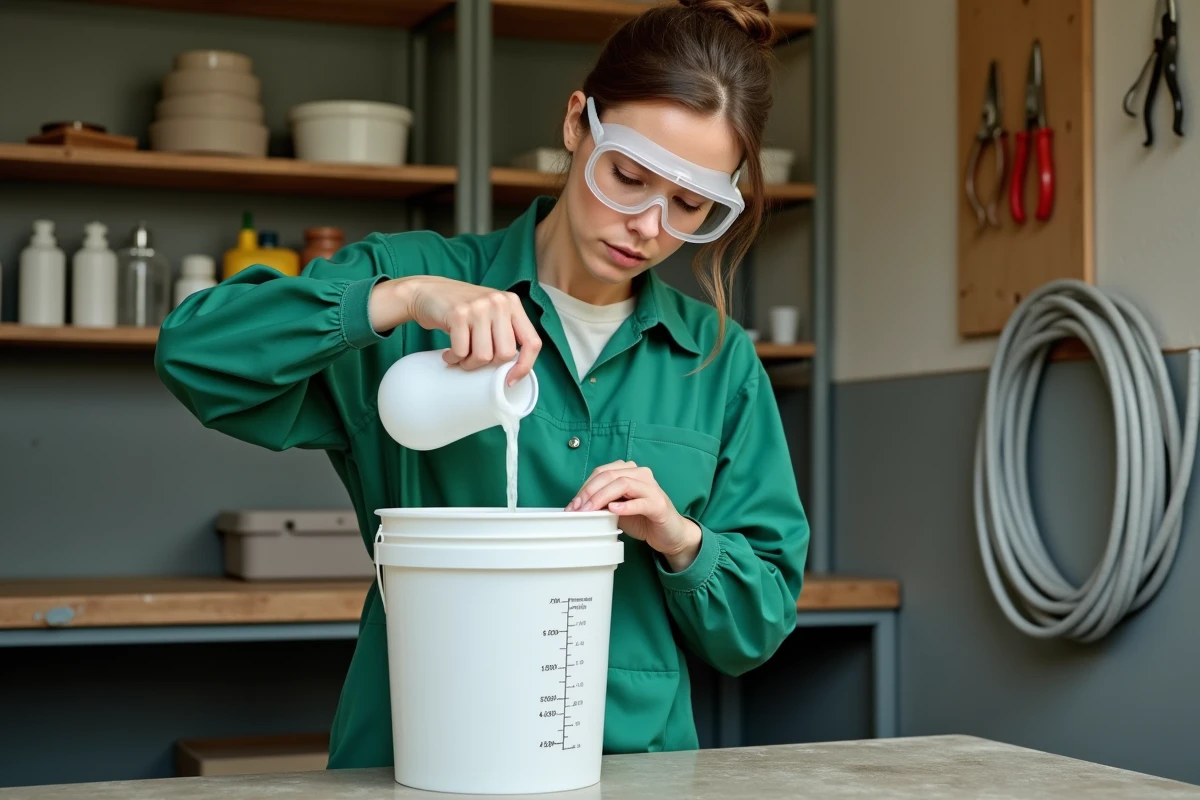 Technicienne vétérinaire diluant un désinfectant concentré dans un seau gradué dans une salle utilitaire de ferme avec équipements de protection individuelle