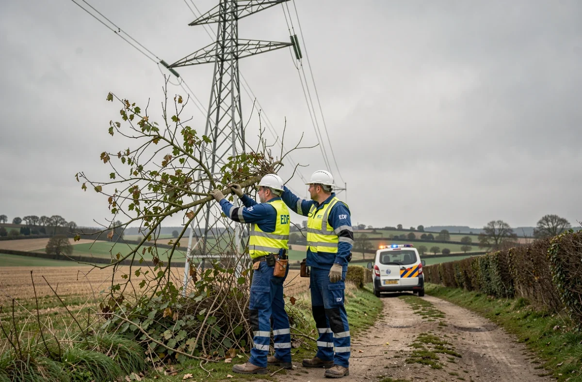 Techniciens EDF inspectant des arbres menaçant des câbles électriques haute tension en milieu rural français