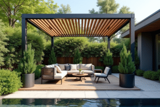Terrasse moderne avec pergola et plantes vertes
