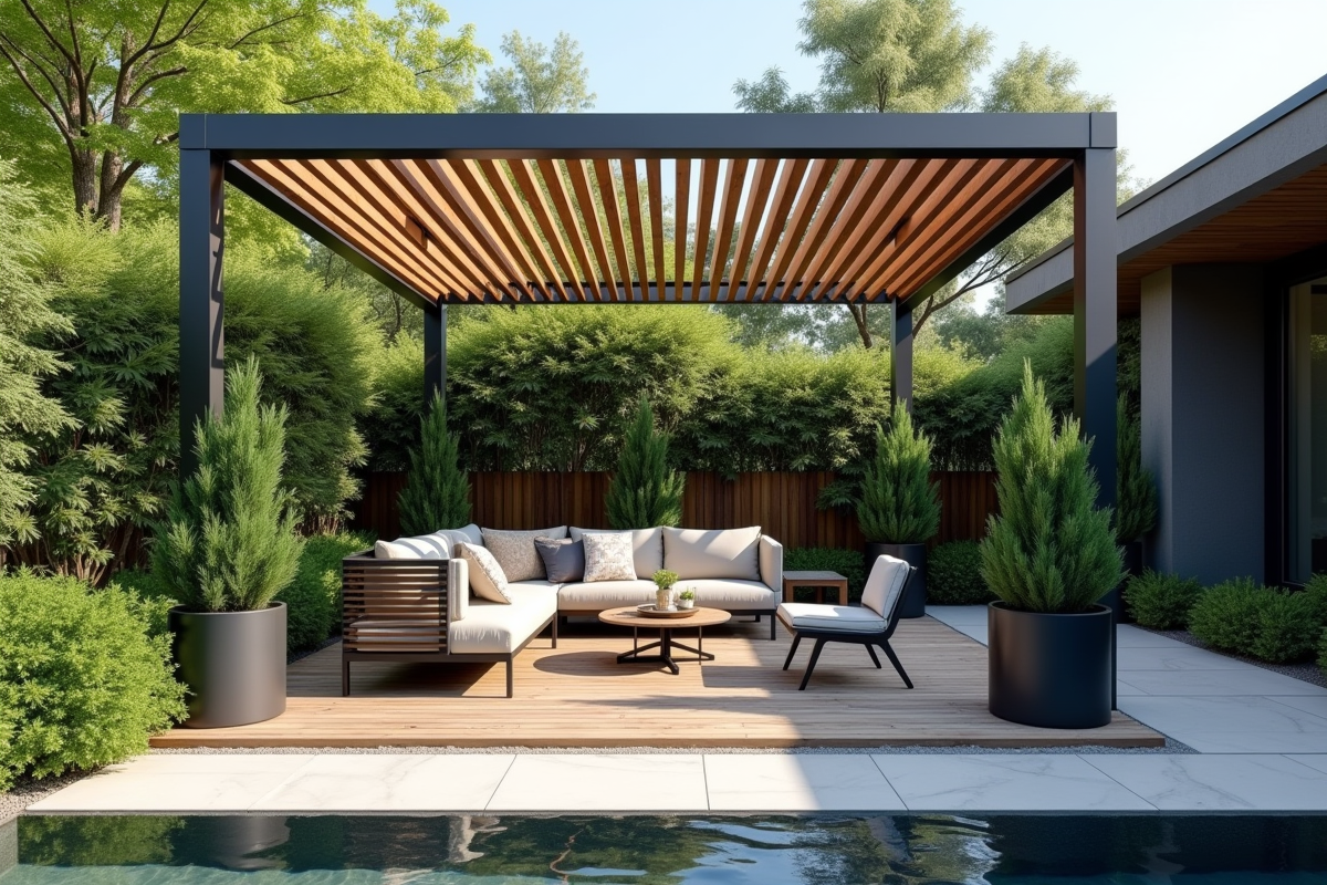Terrasse moderne avec pergola et plantes vertes