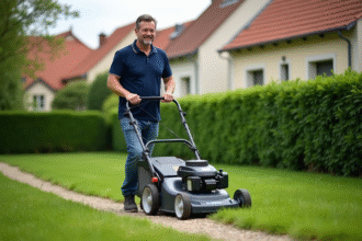 Homme d'âge moyen tondant la pelouse dans un quartier résidentiel