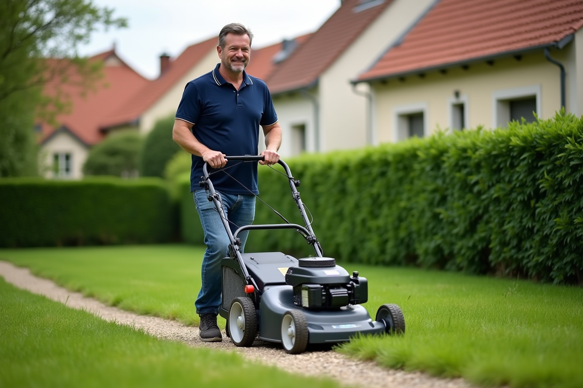Homme d'âge moyen tondant la pelouse dans un quartier résidentiel