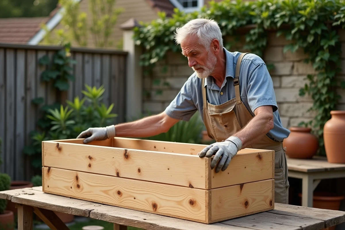 Homme appliquant un traitement protecteur à l'intérieur d'une jardinière en bois DIY pour éviter la pourriture