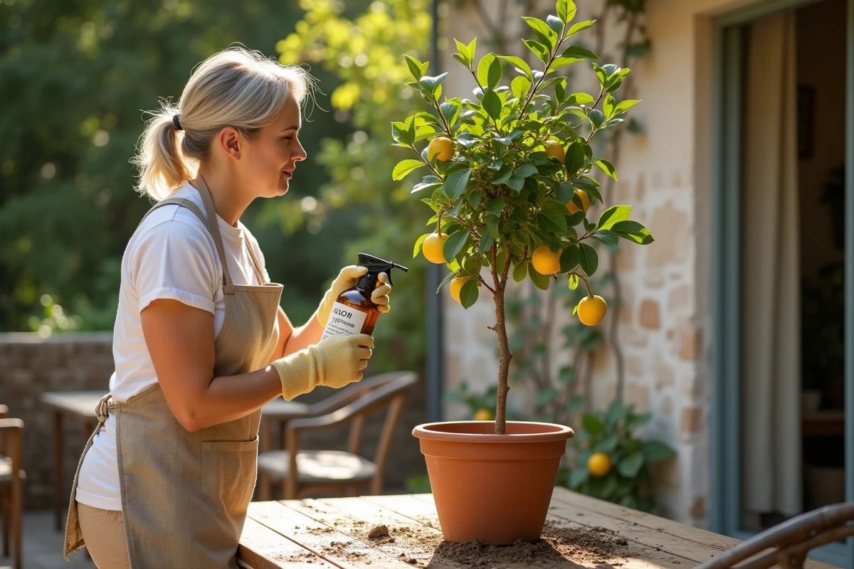 Femme appliquant un traitement naturel au savon noir sur un citronnier en pot infesté de cochenilles