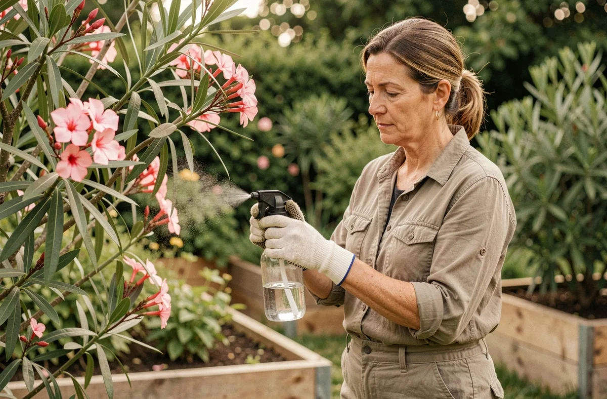 Femme appliquant un traitement naturel anti-pucerons sur un laurier rose dans un jardin domestique