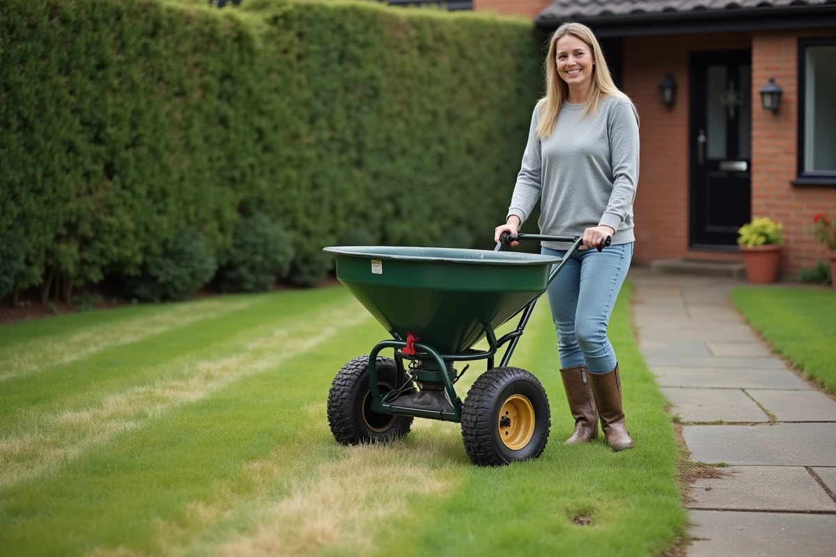 Femme utilisant un épandeur à roues pour appliquer un traitement sélectif sur la pelouse