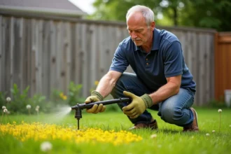 Homme appliquant un traitement sélectif herbicide sur une pelouse avec un pulvérisateur à main
