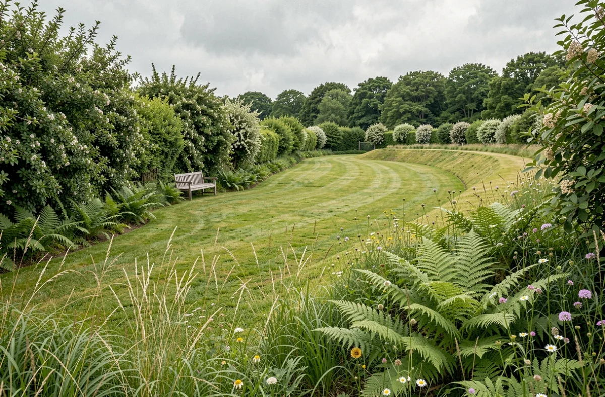 Jardin naturel aménagé par Vert Lande Paysage avec haies champêtres, pelouse et fleurs sauvages dans un cadre semi-rural de Loire-Atlantique
